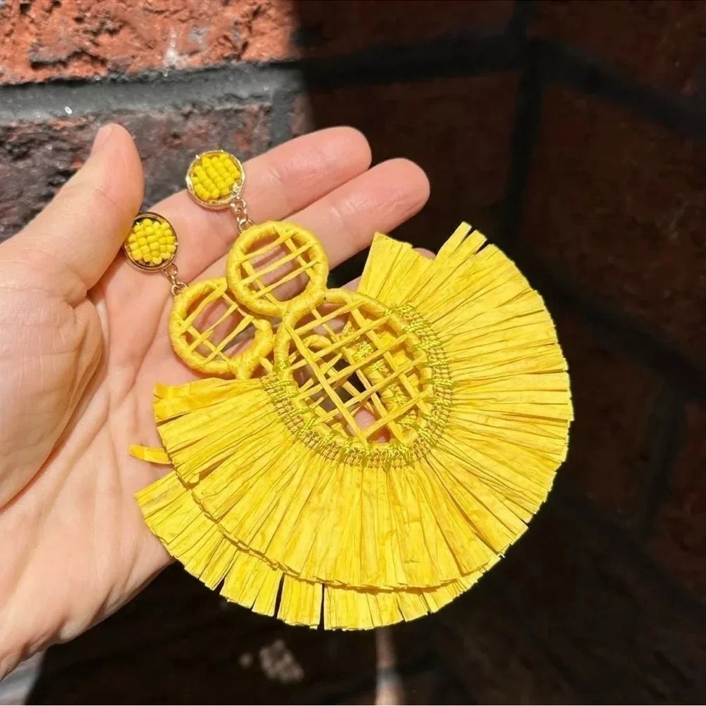 Anthropologie Bohemian Yellow Raffia Statement Earrings - Picture 3 of 9